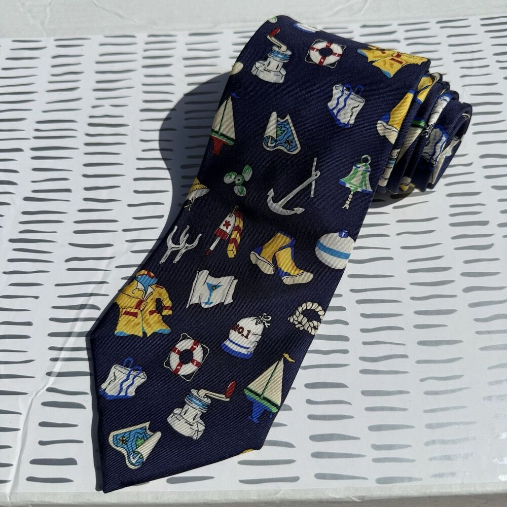 Vintage Alynn Neckwear Boating Gear Silk Tie Eric Holch Nautical Sailing Navy